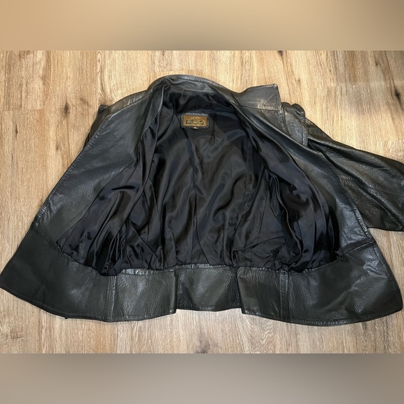 Vintage Womens Black Leather Jacket Puff Sleeve Padded Shoulder Saint Denis L 10 - Picture 5 of 9